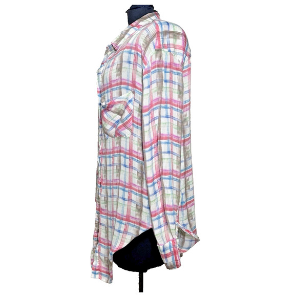 We The Free Women's Button Down Shirt Pink Blue Plaid Top Medium Long Sleeves - Picture 8 of 12